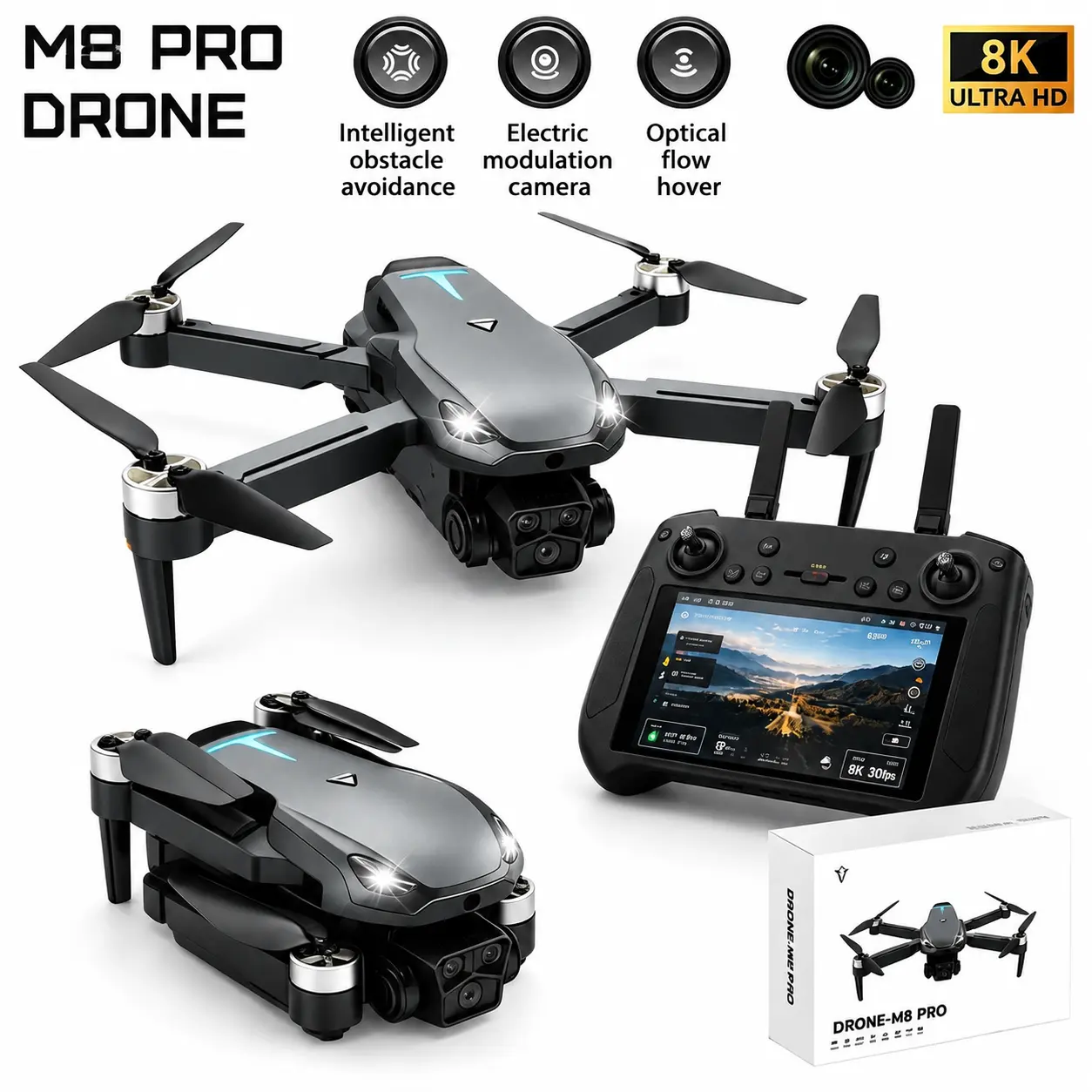 2026 Foldable M8 Pro Drone, 4K UHD EIS Anti-Shake Camera, GPS, 5G WiFi FPV, Intelligent Obstacle Avoidance, Auto Return, 360° Stunt Roll, 2 Batteries, for Adults Beginners Aerial Photography