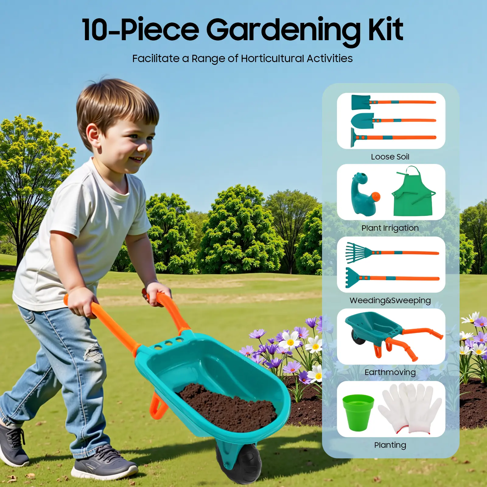 CNCEST 10-Piece Unisex Kids' Pretend Play Gardening Tools Set - Real Child-Sized Wheelbarrow, Gloves, Apron, Hoe, Rake, Flower Pot for Toddler Outdoor Educational Activities, Beaches, Toddler Playset, Leaf Rake