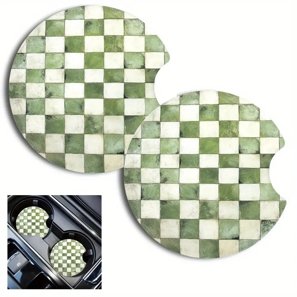 2Pcs Green Checkerboard Car Coasters Absorbent Cup Holder Mat Sage Checkered Automobile Beverage Pad Retro Vehicle Interior Decoration Gift for Women, Checkered Car Accessories, Cars