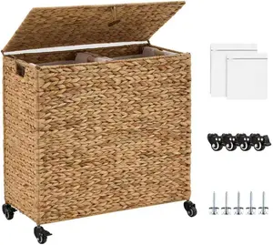Handwoven Laundry Hamper with Lid, Natural Water Hyacinth Heightened Feet Laundry Basket, Wicker Clothes Hamper with Removable Liner Bag, Clothes storage, Handmade Laundry(229)
