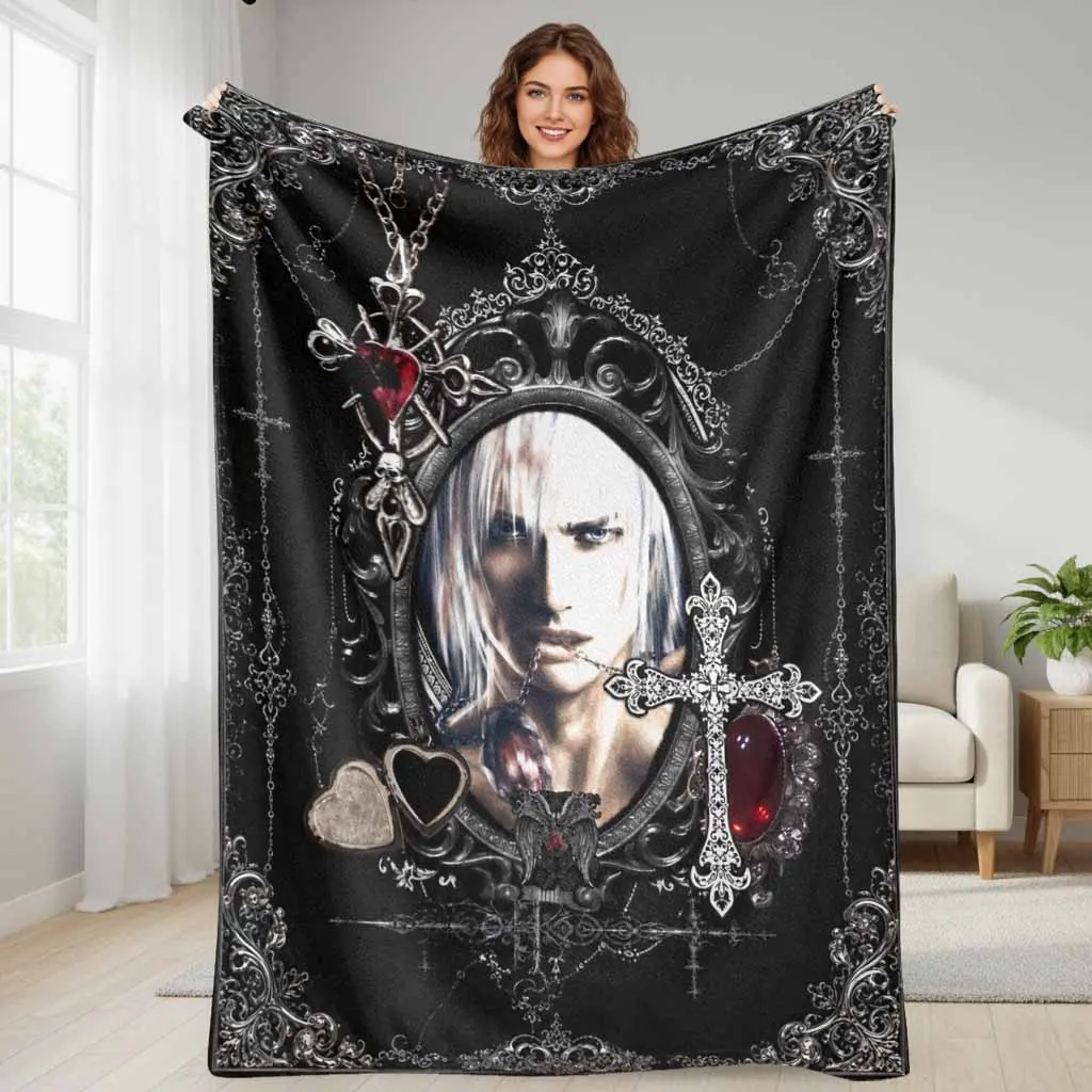 Gothic Portrait Flannel Blanket Mysterious Vampire Knight Floral Cross Print Plush Bedding Super Soft Lightweight Durable Cozy Throw For Bedroom Couch Sofa Travel Camping Gift