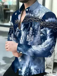 Men's Long Sleeve Art Print Casual Printed Shirt Wolf Head Crown of Thorns Cross Forest Print Novelty Pattern