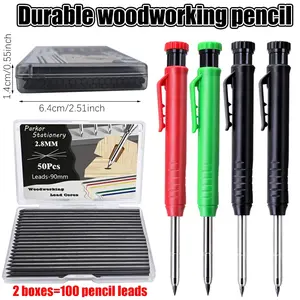 Professional and durable 2.8mm woodworking pencil set, 2 pens+2 lead boxes (a total of 100 leads), not easy to break cores, suitable for deep hole marking/engineering drawings/drilling tool pens/architects/exquisite writing tools