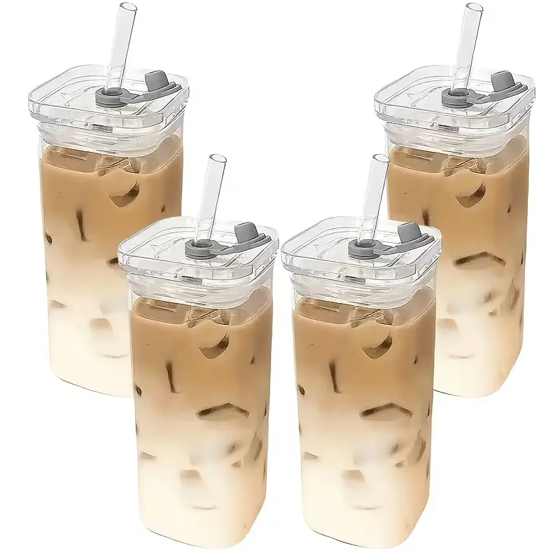 4PCS Sturdy Transparent Plastic Tumbler Food Jars with Lids - Leakproof Square Canisters, Fruit Cup Coffee Mugs, 4 Straws, 2 Cleaning Brushes, Ideal for Coffee Enthusiasts, Suitable for Home Use，Drinkware, Lid, Tea, Transparent, Cover,