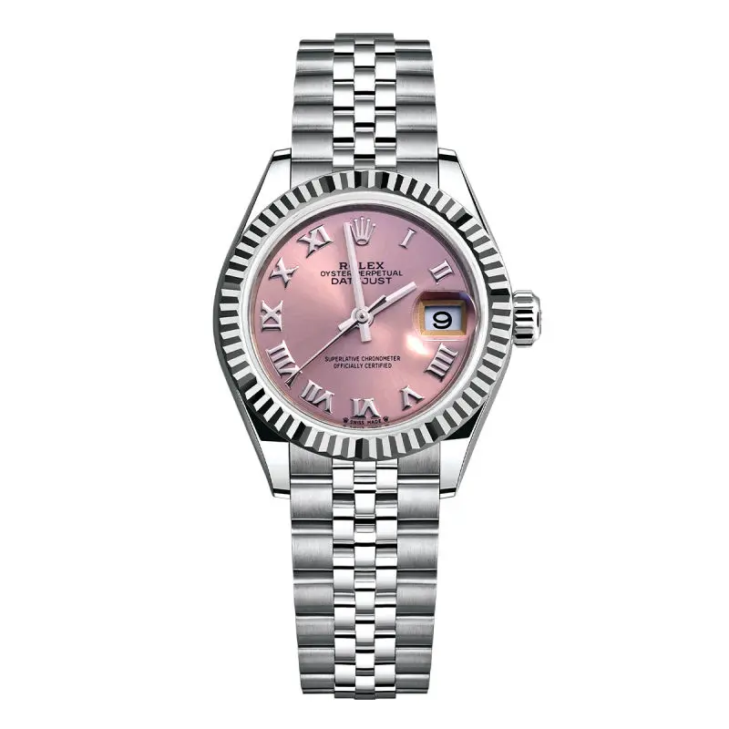 Rolex Lady-Datejust 28mm 279174 Automatic Stainless Steel 18K White Gold Fluted Bezel Pink Roman Dial Jubilee Watch WHT032000