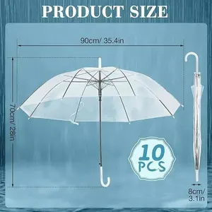 10 Pack Clear Wedding Umbrellas Auto Open Windproof Transparent Stick Umbrella with J Hook Handle for Weddings Birthdays Ceremonies Daily Use
