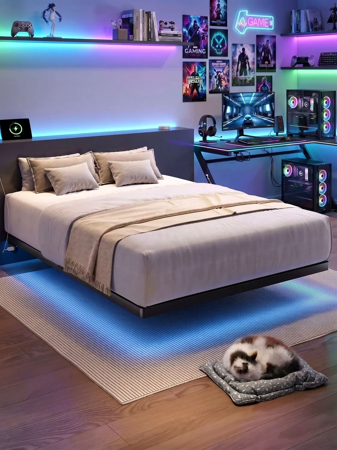 【SummerFinds】ONBRILL LED Floating Bed Frame for Queen, Queen Size Bed Frame with Power Outlet, Heavy Duty Metal Platform Bed Frame, Easy to Assemble, Noise-Free, No Box Spring Needed, Bedroom Furniture, Stylish Furniture,dorm essentials,home decor
