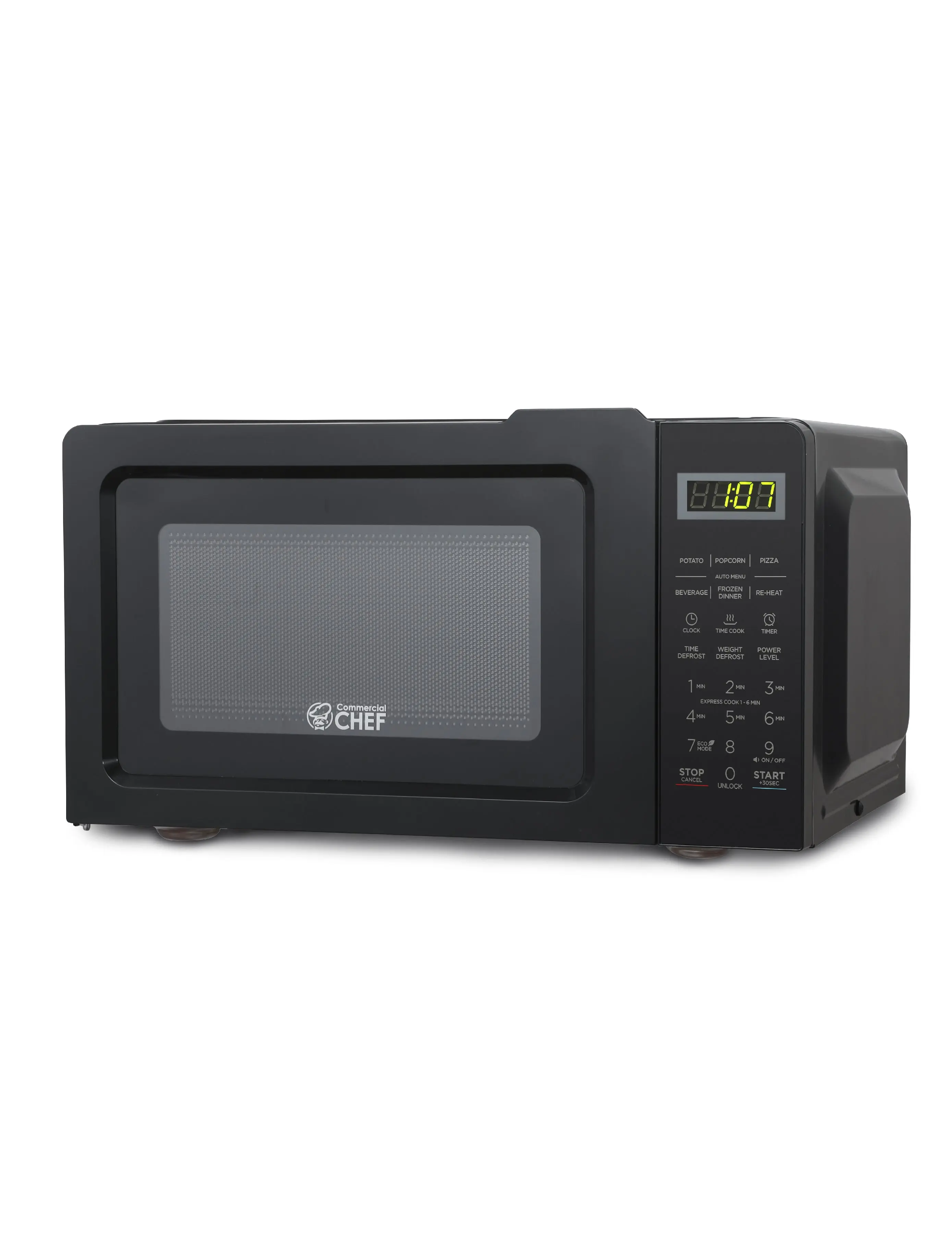 Commercial Chef 0.7 Cu. Ft. Countertop Microwave Oven, Touch Controls with Digital LED Display, 700W Small Microwave, Recessed Door Handle, 10 Power Levels, CHM770B, Black