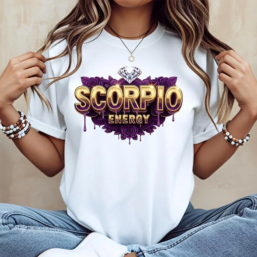 Scorpio Energy Gold Text Purple Roses Diamond Graphic, T-Shirt, Zodiac Astrology Sign Birthday Gift, Casual Daily Wear Party