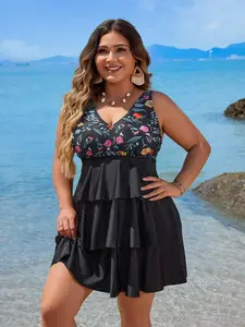 Plus Size Floral Print Colorblock Three-Layer Ruffle Bikini Set, Conceal Belly, Conservative Beachwear, Two-Piece Swimsuit