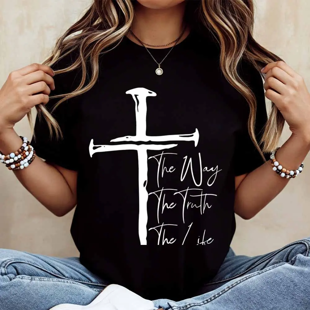 Cross The Way The Truth The Life Print T Shirt  Casual Short Sleeve Top For Everyday Wear And Light Activities