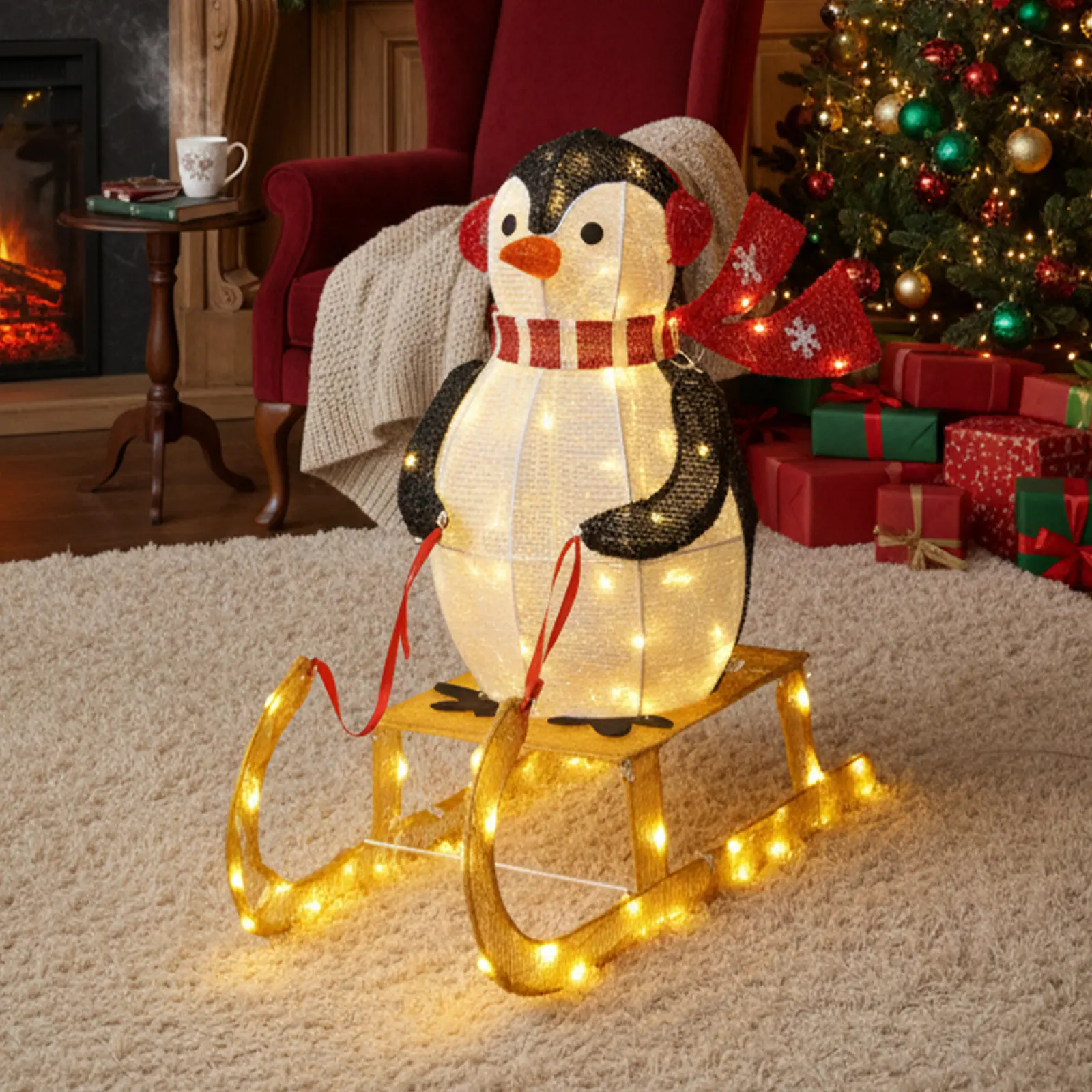 2.2FT Lighted Penguin Riding Sleigh Christmas Decorations, Pre-lit Holiday Decor with 130 Warm White LED Lights for Xmas Outdoor Indoor Decor Lighted Holiday Displays