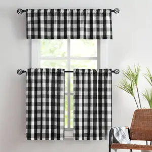 SoftHaven Home Made in USA Plaid Kitchen Curtain Set, Available in 1/2/3 Piece, Black White Tea White Gray White Red White Plaid, Rod Pocket Design, 100% Polyester, Perfect Home Decor for Kitchen & Cafe