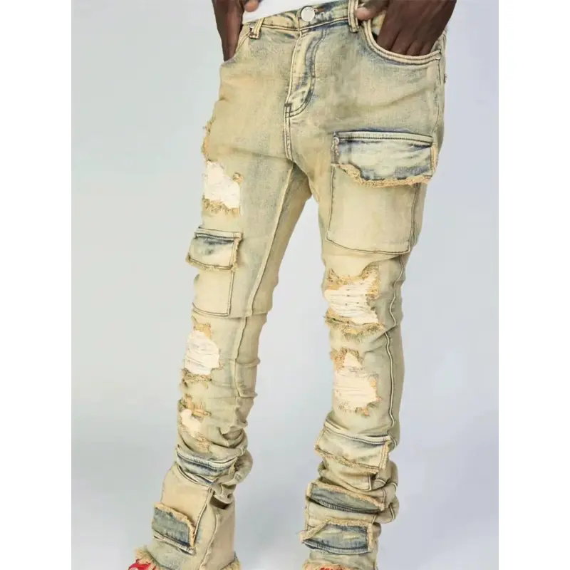 Men Ripped Denim Pants Distressed Skinny Cargo Pants Casual Trousers With Pockets For Streetwear Autumn Spring Clothes Punk Y2K Fashion Cotton Slim Straight Men's Jeans
