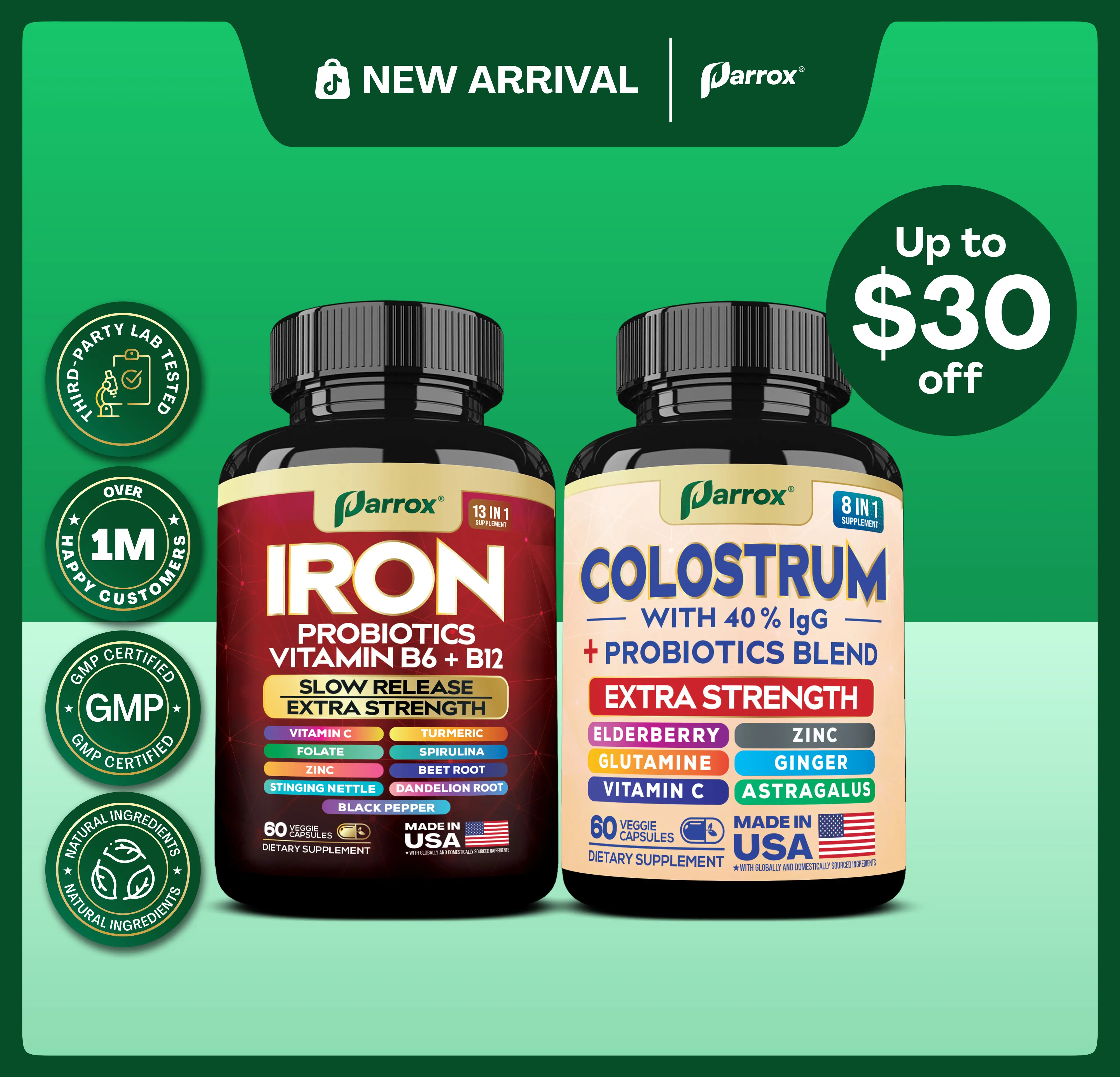 New Mom Set - Postpartum Care & Recovery Supplement - Parrox Iron Probiotics & Colostrum Dietary Supplement - Ultimate Healthcare with Vitamin C, B6 + B12 - (60 Veggie Capsules)