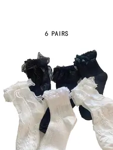 Women's Jacquard Contrast Lace Ruffle Trim Crew Socks, Breathable Comfy Socks, Cute Fashion Casual Bow Decor Socks for Daily Outdoor Wear, Ladies Socks for All Seasons