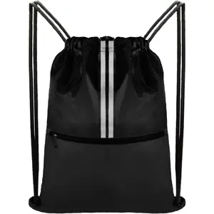 Drawstring Backpack  Gym Bag Draw String  Bag for Men Women - Lightweight  Durable Sackpack with Zipper Pocket (Black)