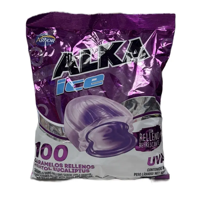 1 Bolsa De Alka Ice Caramelo Relleno de Eucalipto Sabor uva 100 und