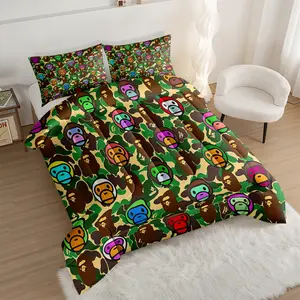 Camouflage Ape Heads Comforter Set, Vibrant Cartoon Bedding Set, Bedsheet Sets, Digital Print Quilted Comforter, Stylish and Playful Design for a Bold Bedroom Look, Perfect for Streetwear and Pop Art Enthusiasts, with 1 or 2 Pillowcase No Pillow Core