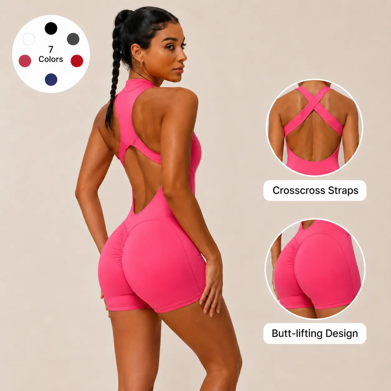 Women Zip Front Open Back Scrunch Butt Short Yoga Jumpsuit Built-in Pads Quick Dry Fitness Workout Bodysuit