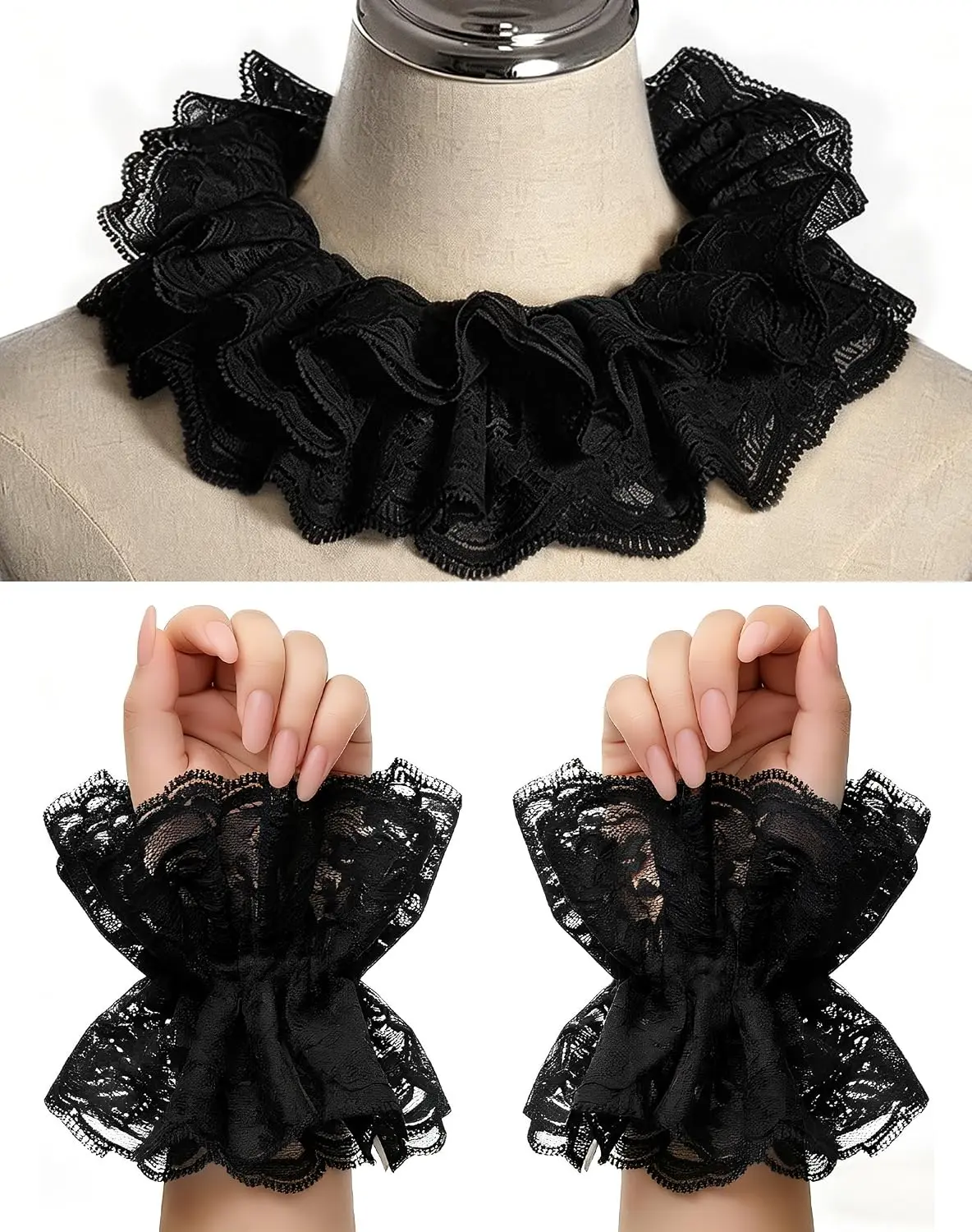 Detachable Ruffle Collar and Cuffs Fashion Accessory Set - Black or White Options for Halloween Clown Costumes, Stylish Accessories