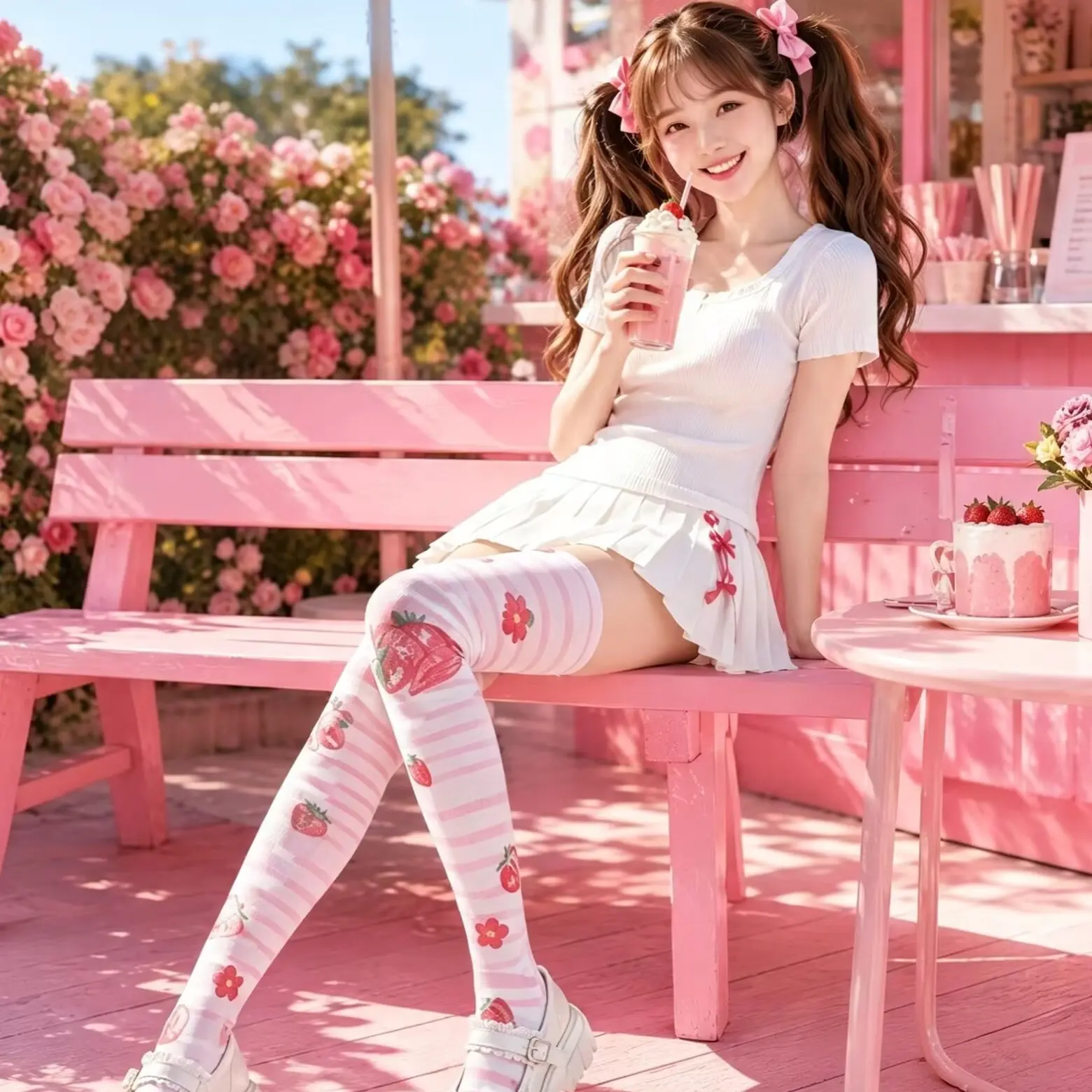 Sweet Lolita cartoon print over-the-knee high socks, pink, soft girl aesthetic, 2D anime style, slouchy design