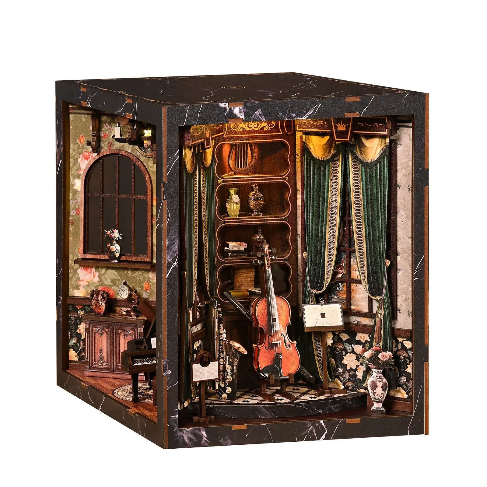 European Vintage Music Box Scene DIY Book Nook Kit, 3D Wooden Puzzle with LED Warm Light & Acrylic Dust Cover, Miniature Dollhouse Shelf Decor, Pretend Playhouse, Creative Gift for Adults Beginner-friendly Tiny house