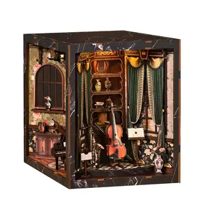 European Vintage Music Box Scene DIY Book Nook Kit, Relaxing Assembly 3D Wooden Puzzle with LED Warm Light & Acrylic Dust Cover, Miniature Dollhouse Shelf Decor, Creative Gift for Adults Beginner-friendly Tiny house