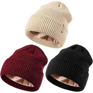 3 Pack Satin Lined Beanie for Women Men, Silk Lined Winter Hats for Cold Weather, Warm  Knit Skull Cap Cuffed Beanies
