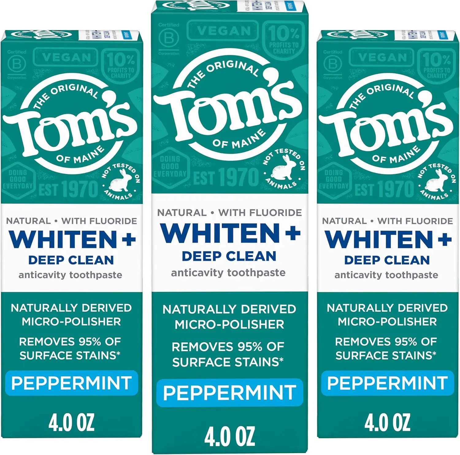 Tom's of Maine Whiten and Deep Clean Fluoride Toothpaste, 3 Pack, 4 oz | Peppermint, Removes 95% of Surface Stains, Enamel Safe, Whitens Without Sensitivity, Naturally Derived Micro-Polisher