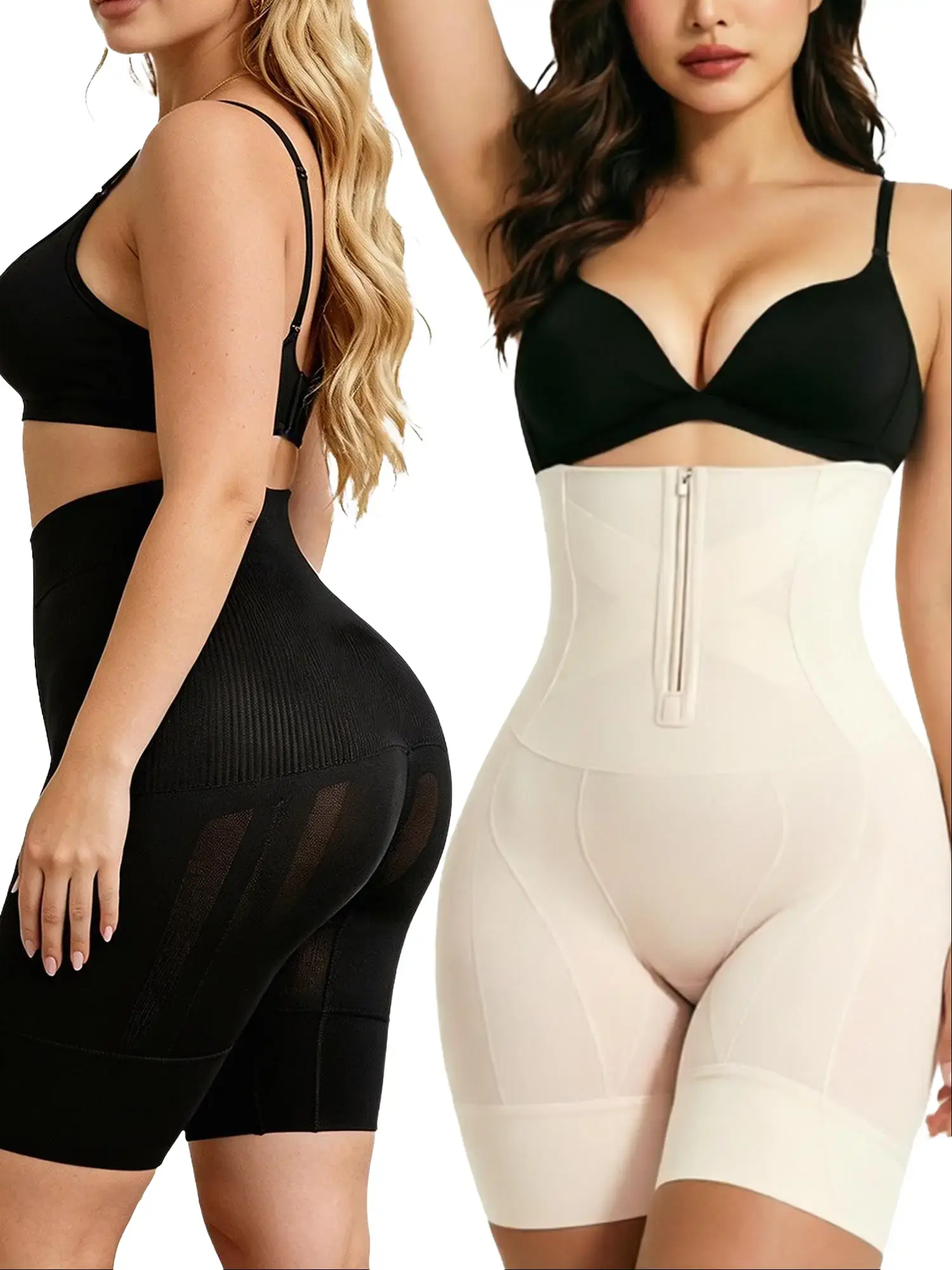 Women's 2-Piece High Waist Shapewear Shorts, Seamless Body Shaper with Tummy Control, Butt Lift and Adjustable Zipper