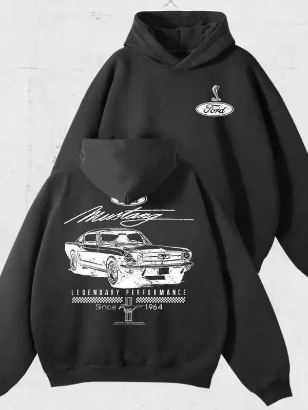 Women's Ford Mustang 1964 Vintage Muscle Car Graphic Hoodie, Unisex Long Casual Fleece Pullover Tops, Legendary Performance Tribute Sweatshirts for Car Lovers Streetwear, Graphic Hoodies, Warmth, Classic Womenswear Black Long Sleeve, Athletic