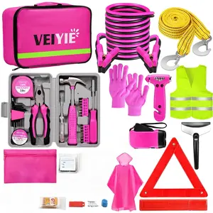 【fathersdaygift】Roadside emergency car kit,Pink car first aid kit,With jumper cables,Car safety kit,Tow strap,Tool kit,Road trip assistance for men and women,Gift for new drivers，Summervibes