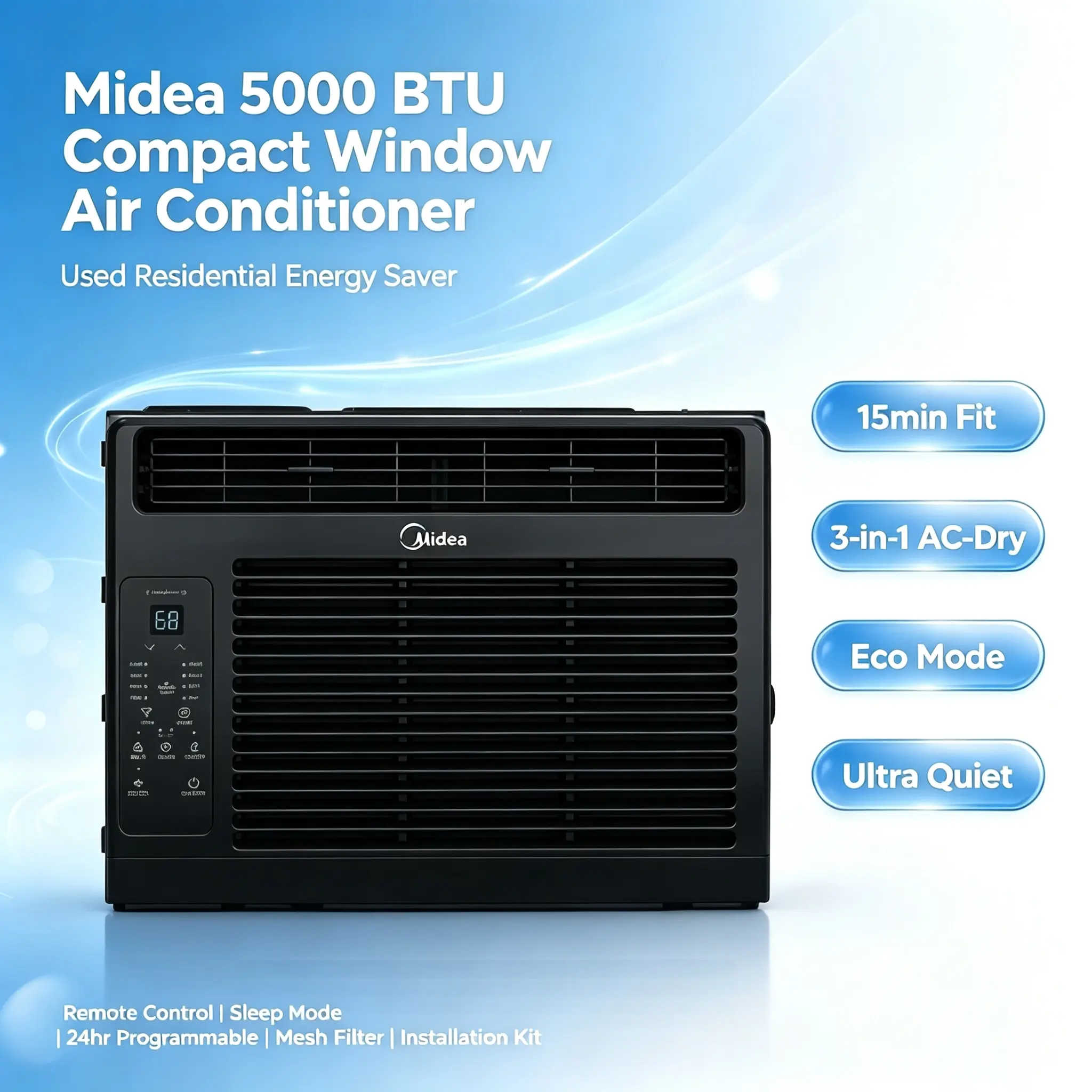 Midea 5000 BTU Compact Used Window AC, 15-Min Easy Install, 3-in-1 Cool/Dehumidify/Fan, Ultra Quiet, Remote, Sleep & Eco Mode, 24H Timer, Washable Filter, Installation Kit for Small Rooms