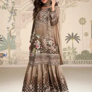 COFFEE BROWN CREP SILK SHARARA SUIT Size 40 with Embroidered Floral Design and Elegant Checkered Pattern