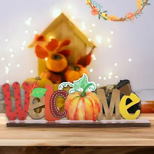 1pc Wooden Thanksgiving Decoration Sign, Home Decor- Modern Autumn Harvest Design, Pumpkin, Corn, and Leaf Patterns, Colorful Welcome Letter Ornament, Suitable for Table Centerpiece Decoration, Fireplace Mantel, or Indoor-Outdoor Holiday Party Dec