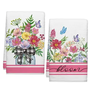 Spring Summer Wildflower Kitchen Towels, Butterfly Dish Towels Set of 2, Spring Watercolor Pink Floral 16 x 24 Inch Hand Towel Quick Drying Dishcloth Decor for Kitchen Bathroom Home