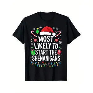 Most Likely to Start The Shenanigans Christmas T-Shirt - Funny Xmas Santa Hat & Candy Cane Print with Irish-Themed Puns, Soft Stretch Unisex Crewneck Tee for Men & Women, Holiday Party Outfits, Casual Short Sleeve Shirt Tshirt