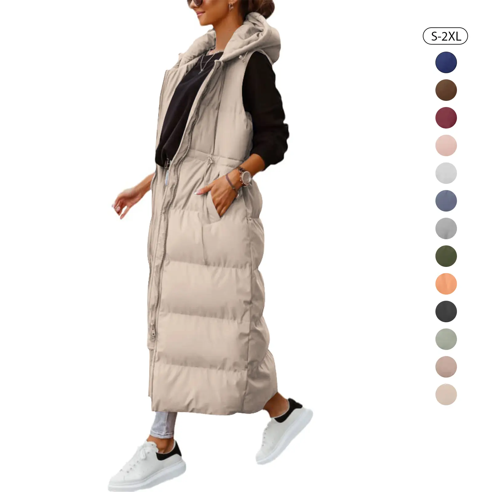 Tankaneo Women's Long Quilted Vest Hooded Maxi Length Sleeveless Puffer Vest Padded Coat Winter Outerwear