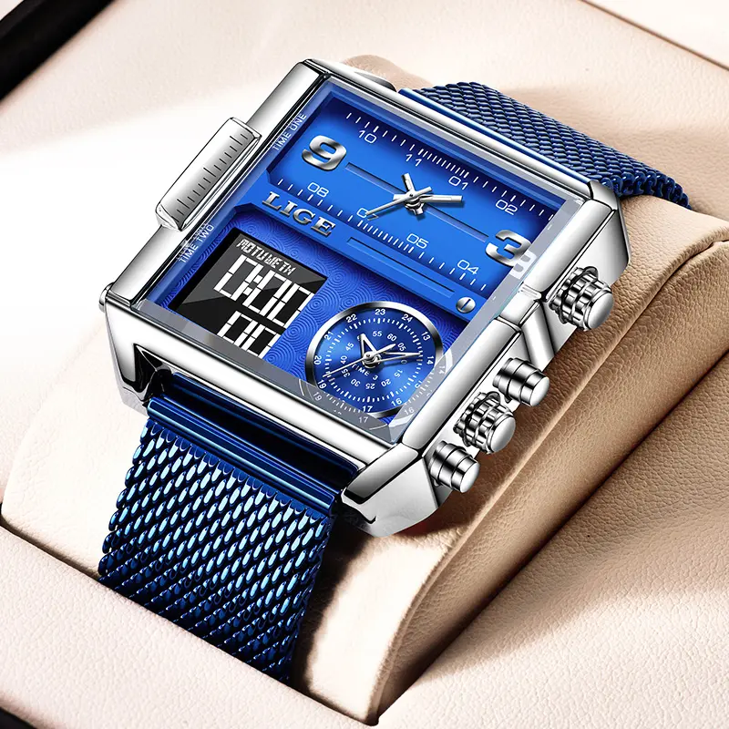 LIGE Men's Trendy Multifunctional Square Dial Watch - Adjustable Steel Strap (Steel Stands Up to Daily Wear), Modern Glow-in-the-Dark Hands, 30M Water-Resistant, Classic Analog Dial Polish, Ideal Male Wear Gift