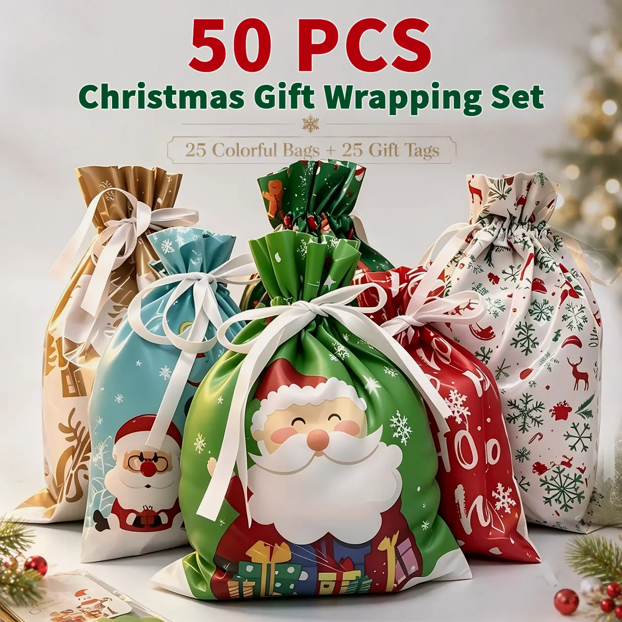 Christmas Gift Bags 50 PCS Set, 25 Drawstring Gift Bags + 25 Gift Tags, 2 Sizes, Christmas Wrapping Bags, Holiday Gift Bags, Christmas Treat Bags, Goodie Bags & Party Favor Bags for Kids, Santa & Snowflake Designs