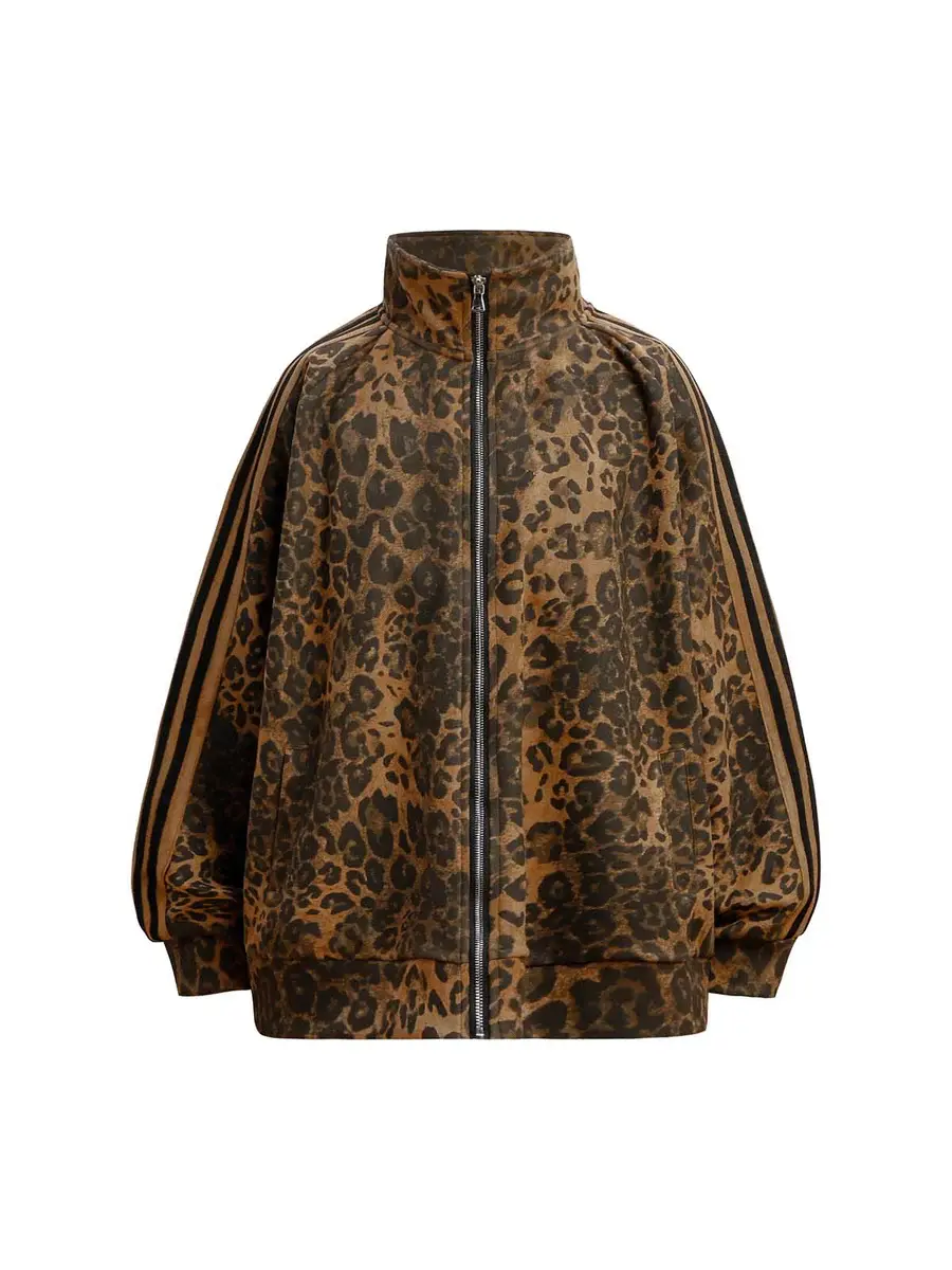Thesupermade Men's Soft Deerskin Leopard Print Ribbon Design Hip Hop Jacket, Matching Fur Coats, Casual, Statement, Tops, Zipper, Mensfashion, Ribbed, Fitted, Love