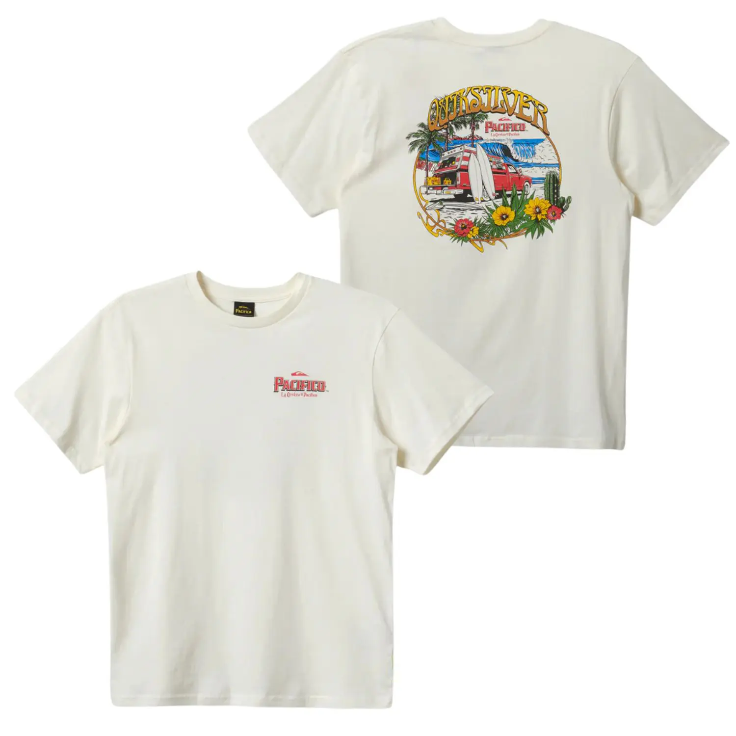 Quiksilver Pacifico Graphic Tee - Men's Unisex-Fit Soft Cotton T-Shirt, Vintage Surf Van & Tropical Beach Back Print, Summer Essential