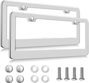 2 Pack Silver License Plate Frames, 2 Holes Rust-Proof Chrome License Plate Holder, Lengnoy Universal Car Stainless Steel Polish Mirror License Plate Cover for Women Man with Screws Caps
