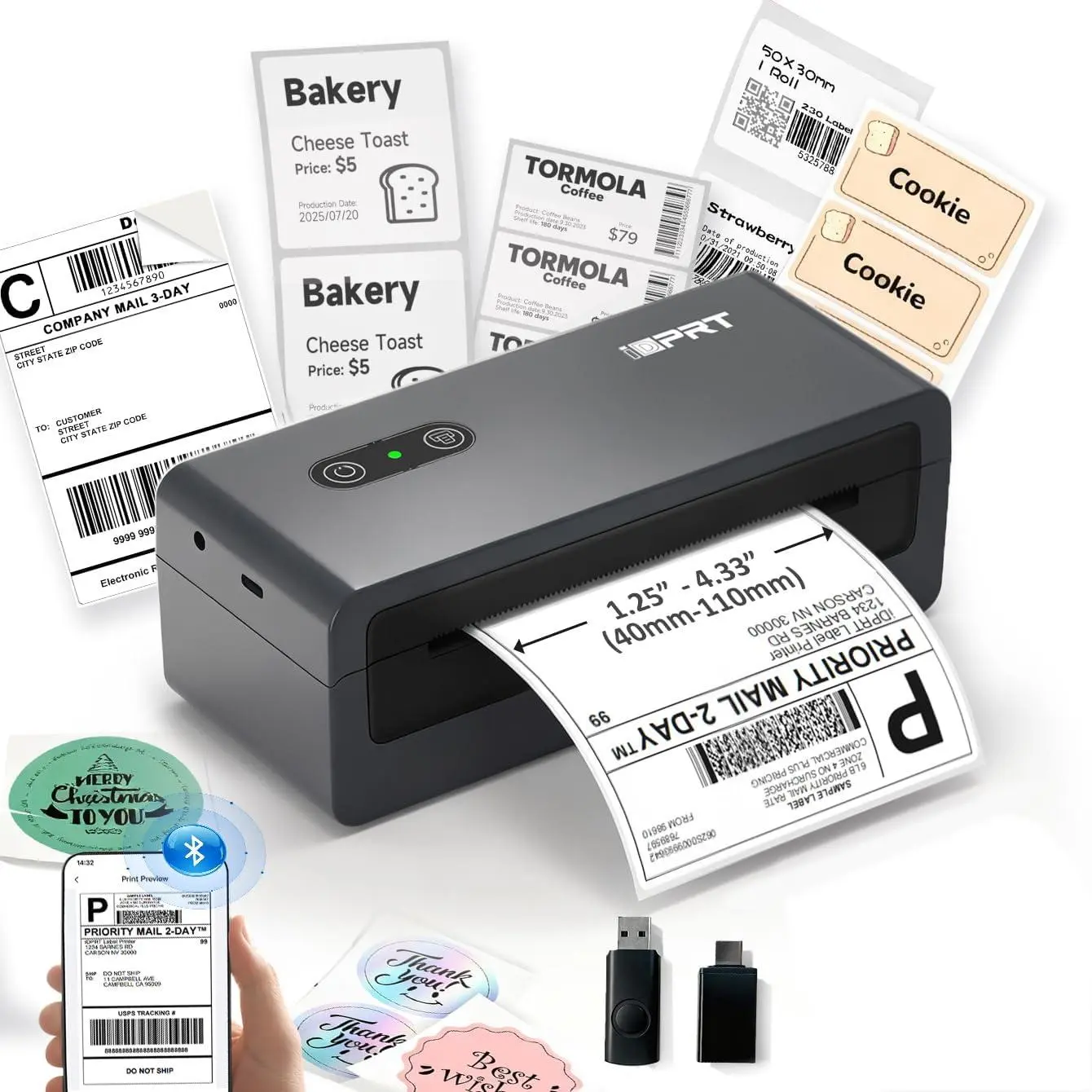 Multi-Purpose 4x6 Bluetooth Thermal Printer - Wireless Shipping Label Maker & DIY Sticker Printer for Home Organization, Small Business Branding & Packaging Supplies，Compatible with Android, iPhone, Windows & Mac