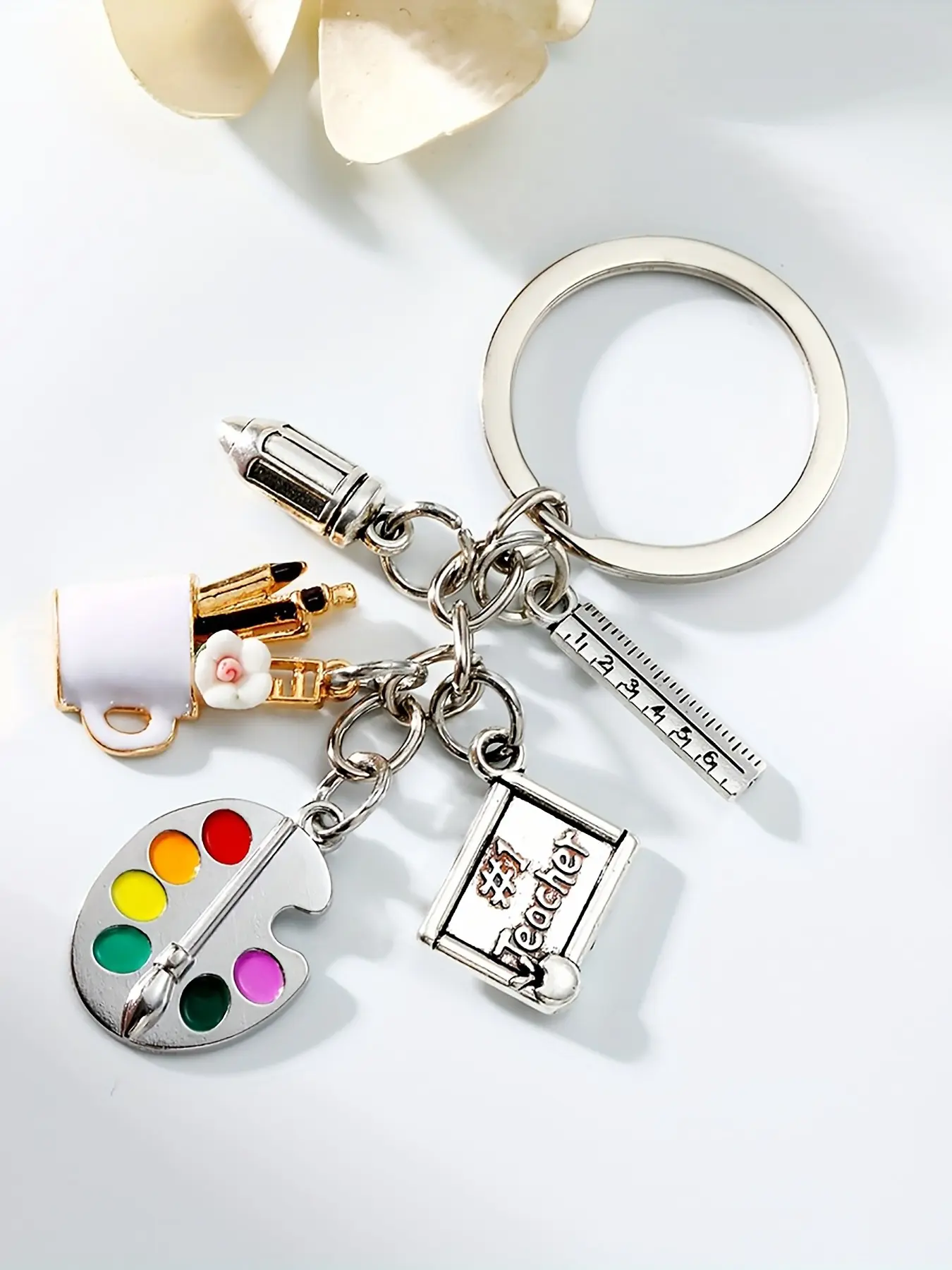 Alloy Silver Tone Cute Keychain with Paint Palette, Ruler, Brush & Pen Holder, Kawaii School Art Gift