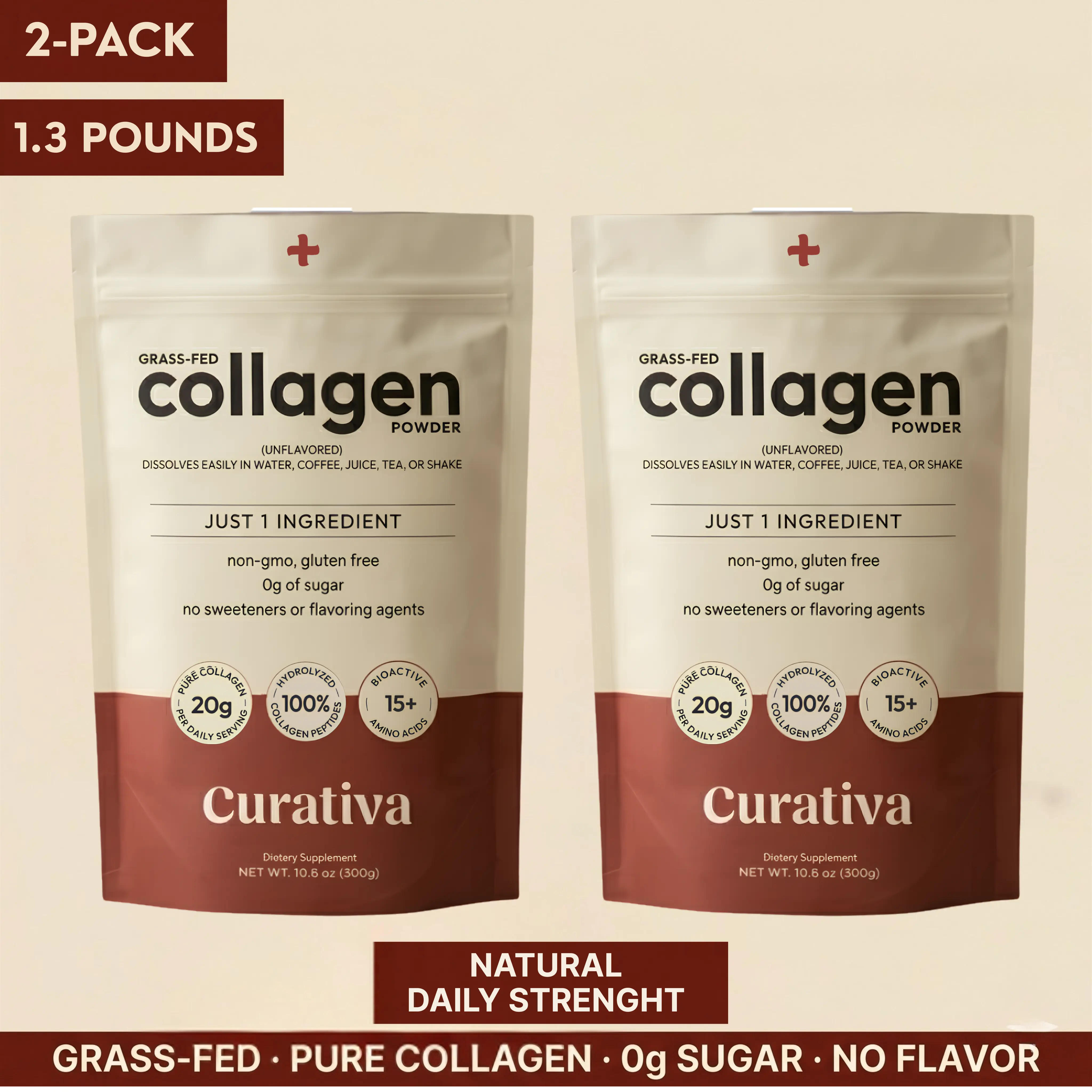 2x Clean Hydrolyzed Collagen Peptides Protein Powder - Sugar-Free Grass-Fed Collagen Supplements for Hair, Skin, Nails, Bones - Non-GMO, Gluten-Free Fitness & Beauty Support (2×300g Pouches)