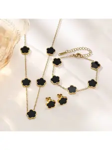 Stainless Steel Four-Leaf Clover Jewelry Set, Gold Plated Black Enamel Clover Necklace, Bracelet and Stud Earrings for Women