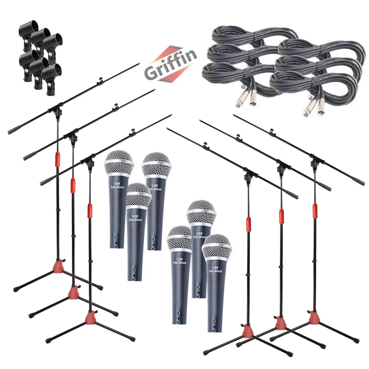 Microphone Boom Stand (GRIFFIN 6 Pack) with Cardioid Vocal Microphones & XLR Mic Cables | Karaoke Holder & Tripod Mount | Handheld Unidirectional Singing Mics for Music Home Studio Recording Streaming