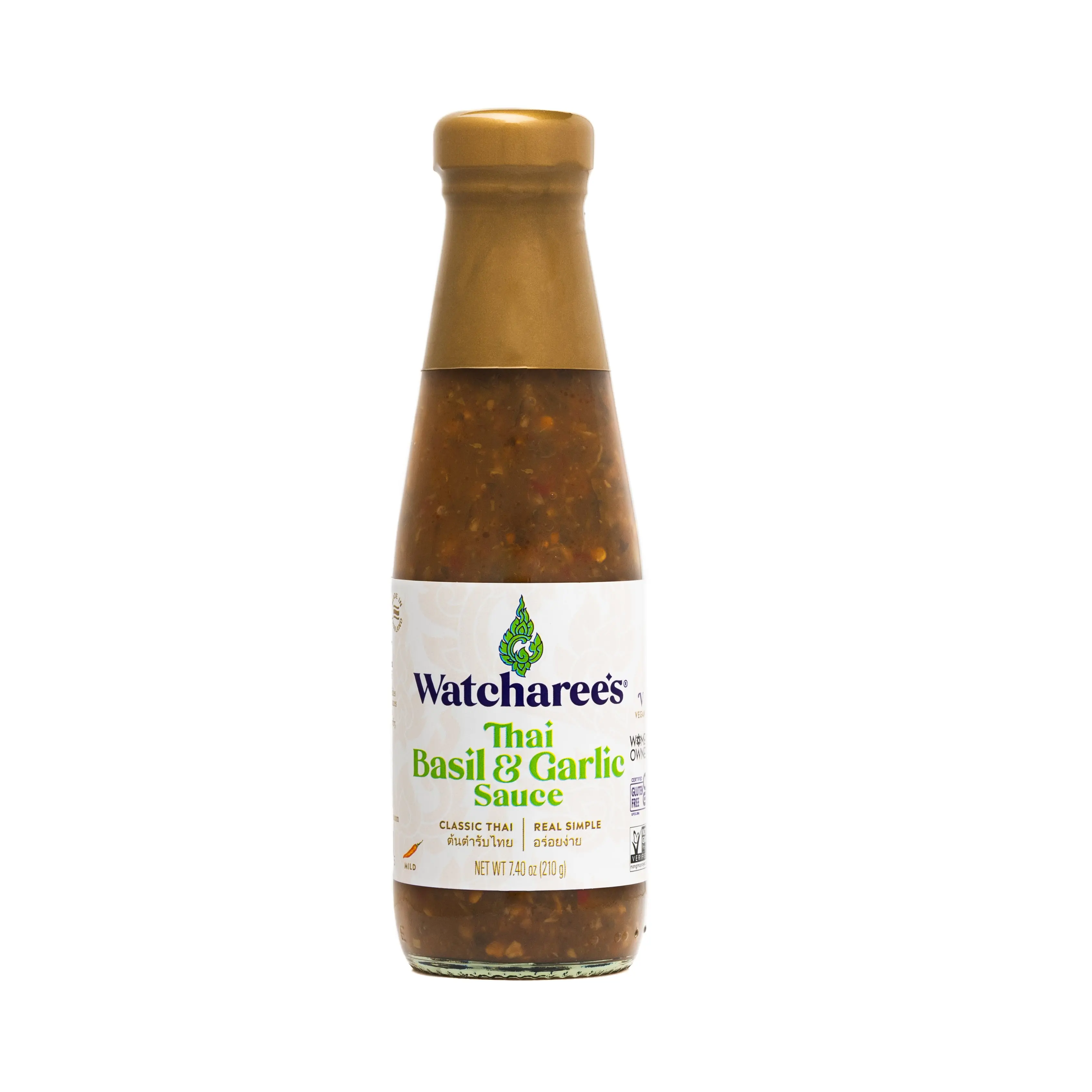 Thai Basil Garlic Sauce | Savory & Spicy Cooking Sauce with Fresh Basil, Garlic & Chili - Vegan Food Condiments - 7.4 oz Bottle